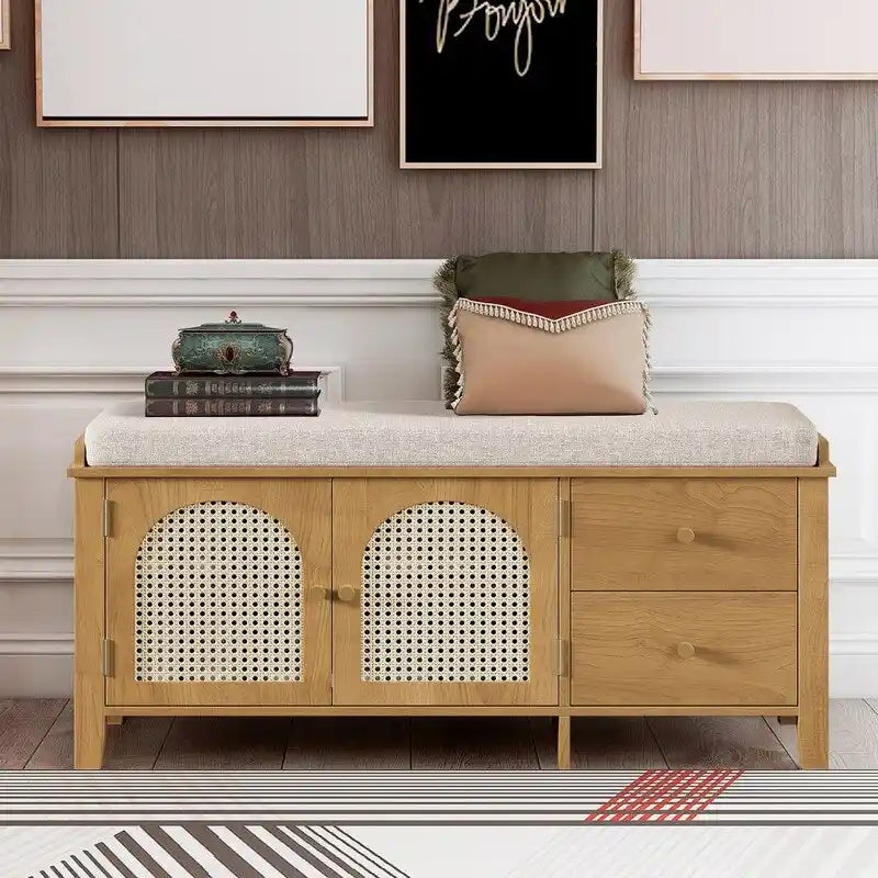 Banc de rangement à chaussures rétro avec tiroirs et coussin pour l'entrée ou le salon