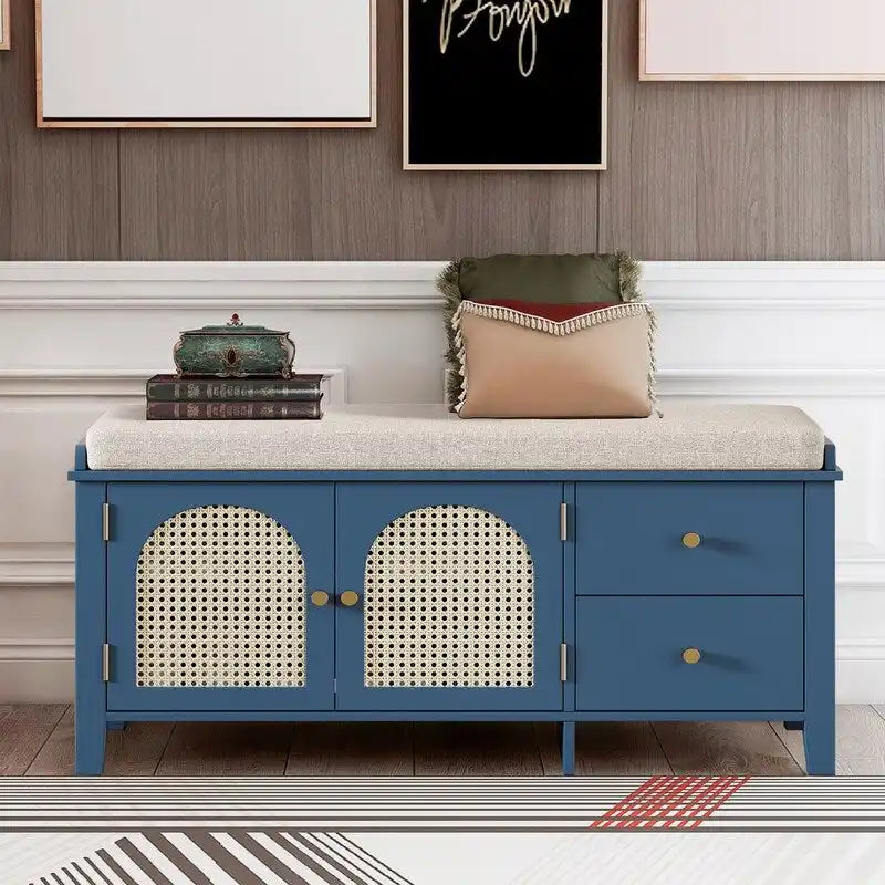 Banc de rangement à chaussures rétro avec tiroirs et coussin pour l'entrée ou le salon