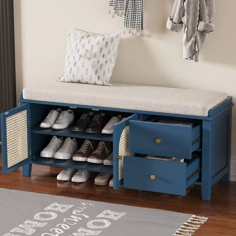 Banc de rangement à chaussures rétro avec tiroirs et coussin pour l'entrée ou le salon