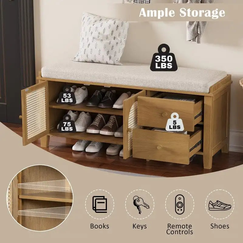 Banc de rangement à chaussures rétro avec tiroirs et coussin pour l'entrée ou le salon