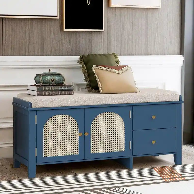 Banc de rangement à chaussures rétro avec tiroirs et coussin pour l'entrée ou le salon