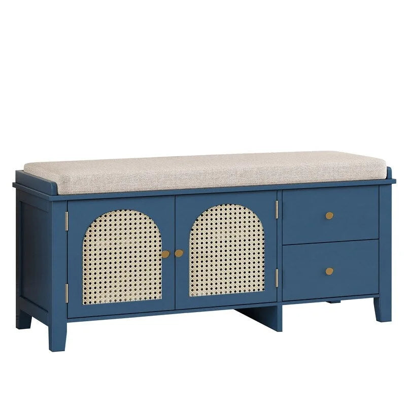 Banc de rangement à chaussures rétro avec tiroirs et coussin pour l'entrée ou le salon