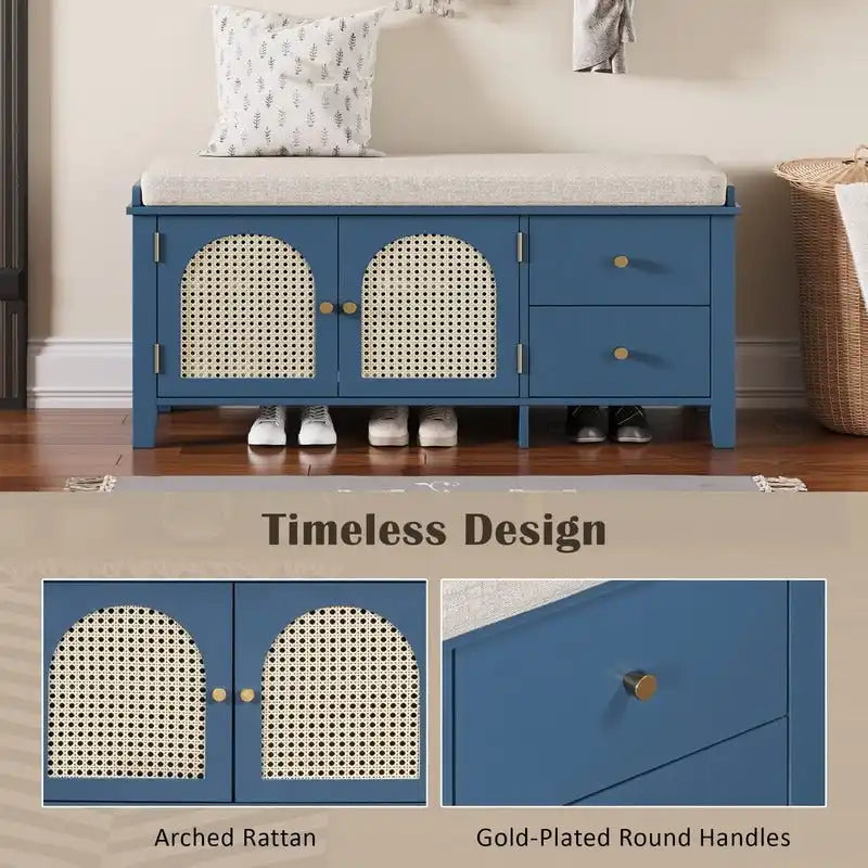 Banc de rangement à chaussures rétro avec tiroirs et coussin pour l'entrée ou le salon