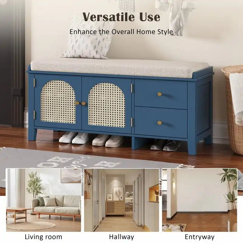 Banc de rangement à chaussures rétro avec tiroirs et coussin pour l'entrée ou le salon