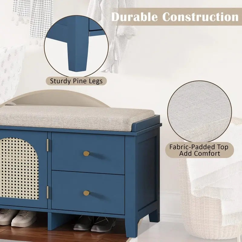 Banc de rangement à chaussures rétro avec tiroirs et coussin pour l'entrée ou le salon
