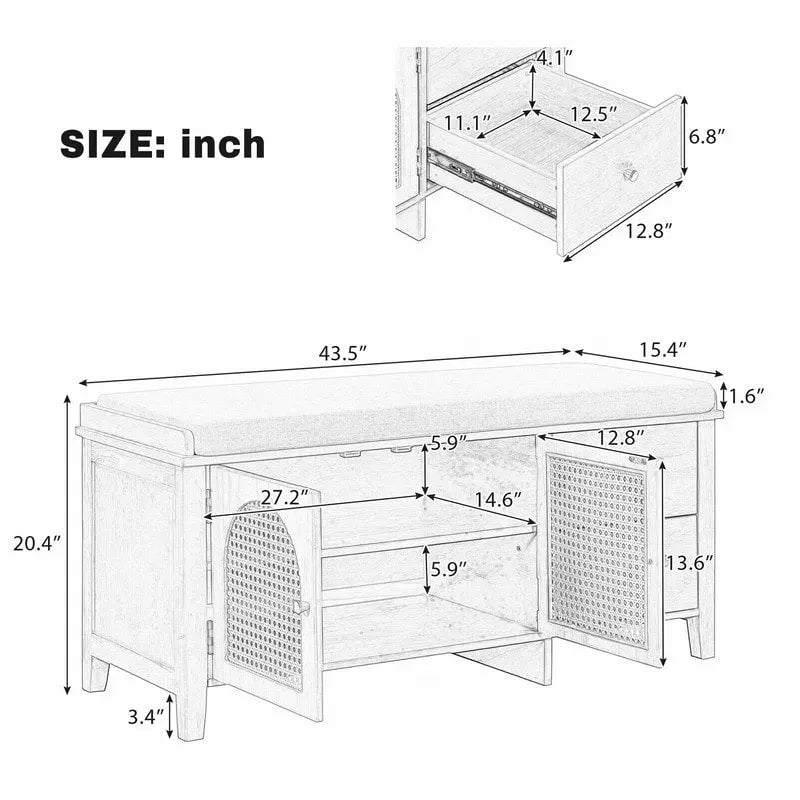 Banc de rangement à chaussures rétro avec tiroirs et coussin pour l'entrée ou le salon