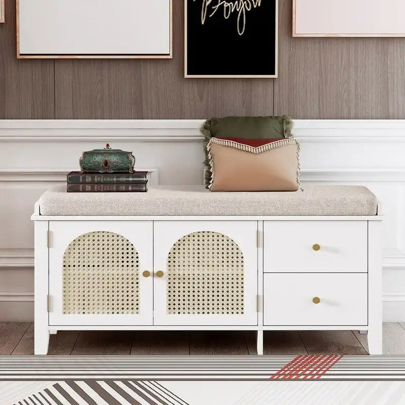 Banc de rangement à chaussures rétro avec tiroirs et coussin pour l'entrée ou le salon