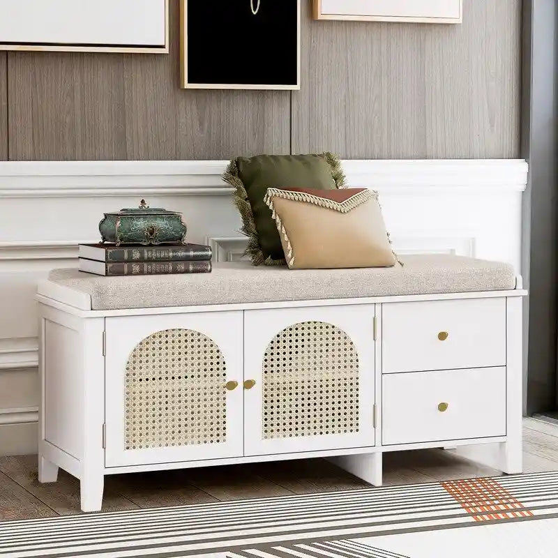 Banc de rangement à chaussures rétro avec tiroirs et coussin pour l'entrée ou le salon