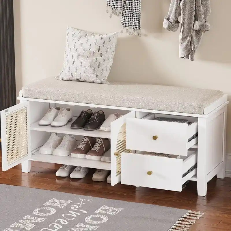 Banc de rangement à chaussures rétro avec tiroirs et coussin pour l'entrée ou le salon