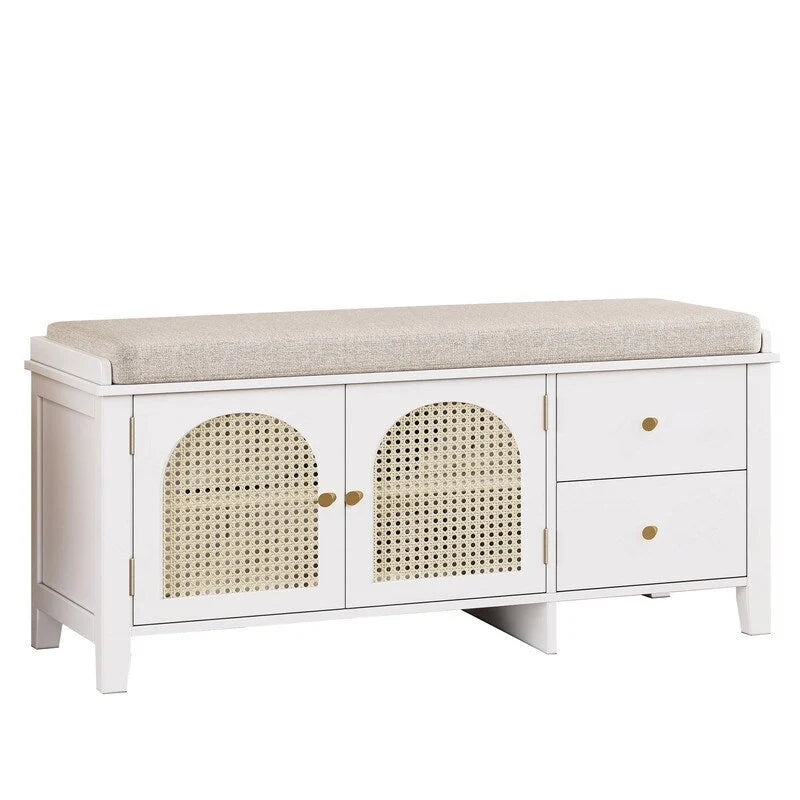 Banc de rangement à chaussures rétro avec tiroirs et coussin pour l'entrée ou le salon