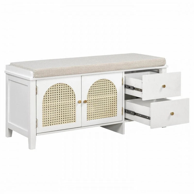 Banc de rangement à chaussures rétro avec tiroirs et coussin pour l'entrée ou le salon