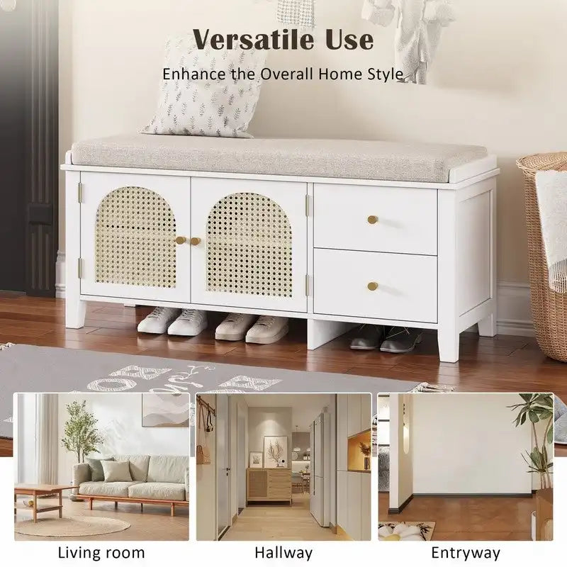 Banc de rangement à chaussures rétro avec tiroirs et coussin pour l'entrée ou le salon