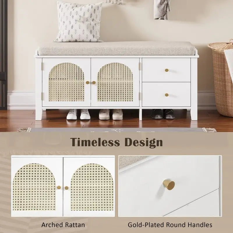 Banc de rangement à chaussures rétro avec tiroirs et coussin pour l'entrée ou le salon