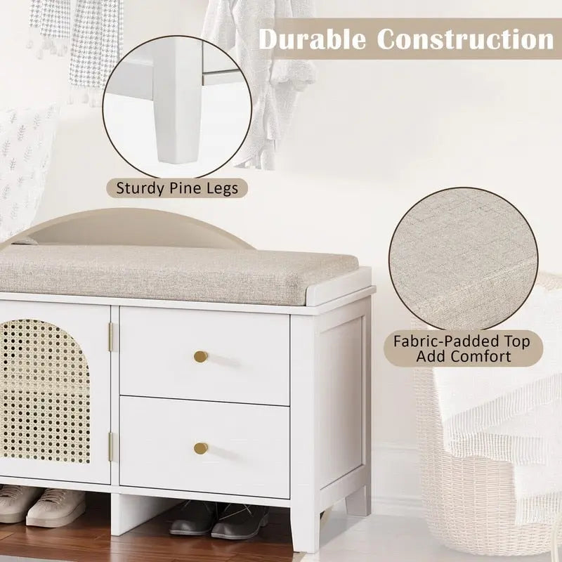 Banc de rangement à chaussures rétro avec tiroirs et coussin pour l'entrée ou le salon