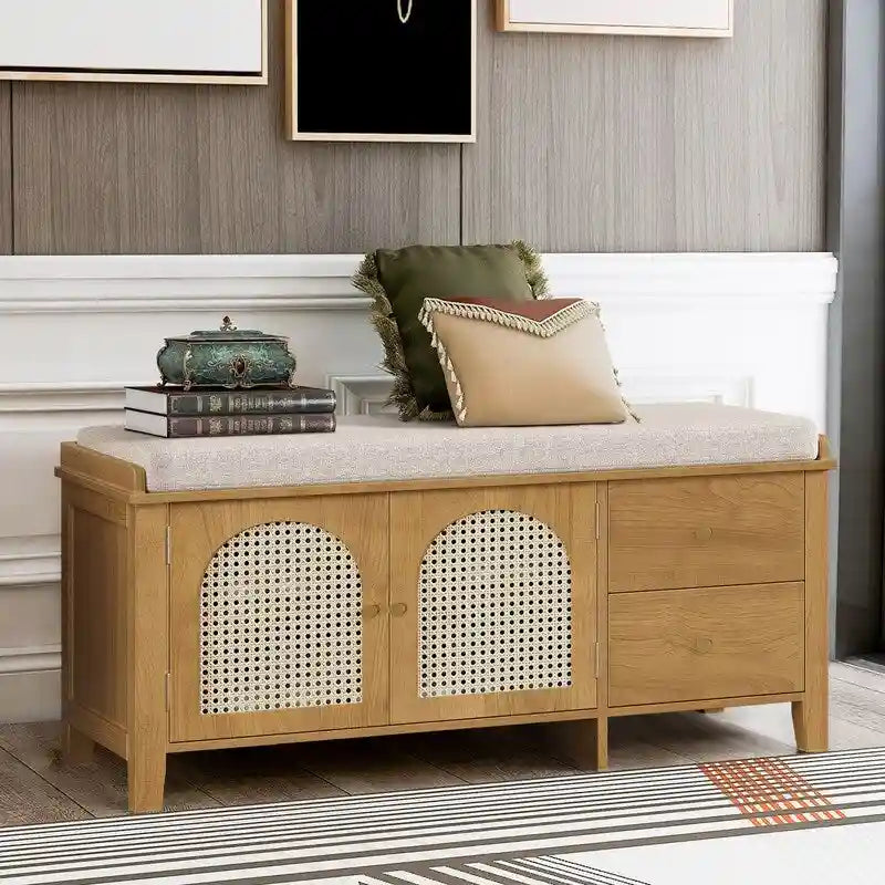 Banc de rangement à chaussures rétro avec tiroirs et coussin pour l'entrée ou le salon