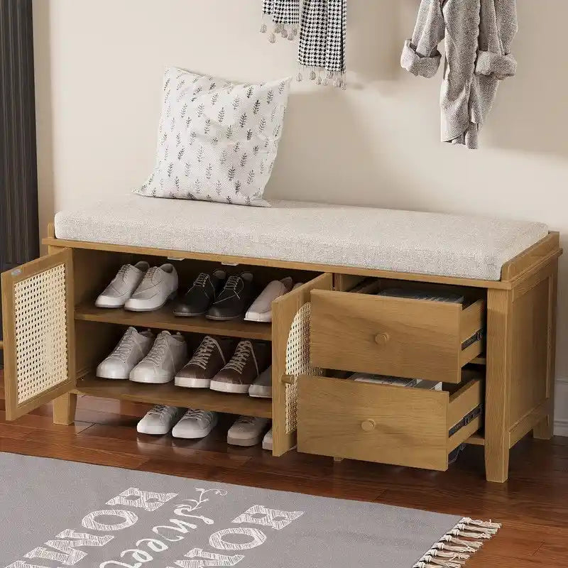 Banc de rangement à chaussures rétro avec tiroirs et coussin pour l'entrée ou le salon