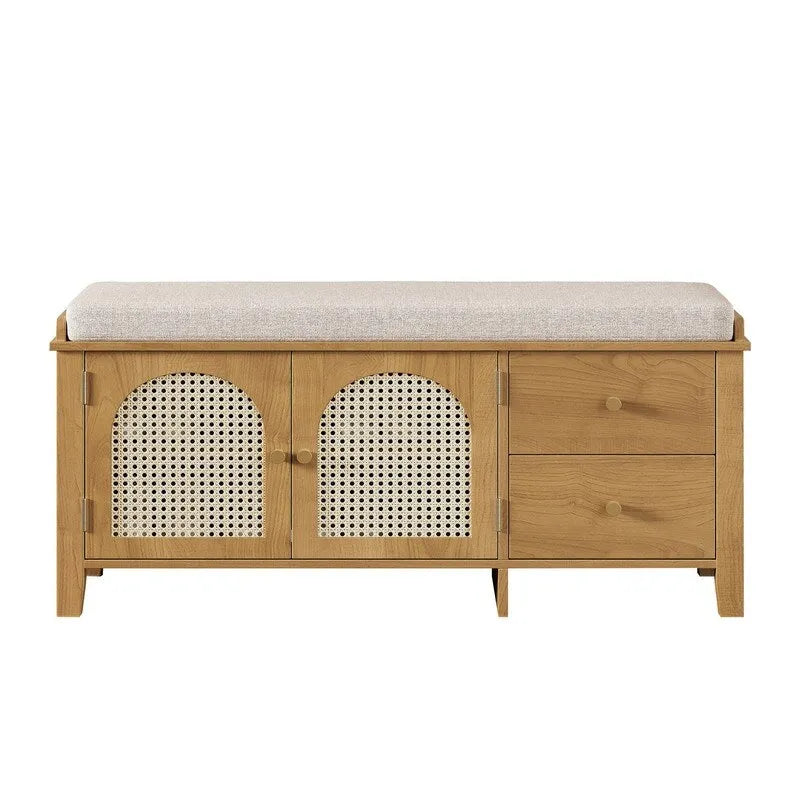 Banc de rangement à chaussures rétro avec tiroirs et coussin pour l'entrée ou le salon