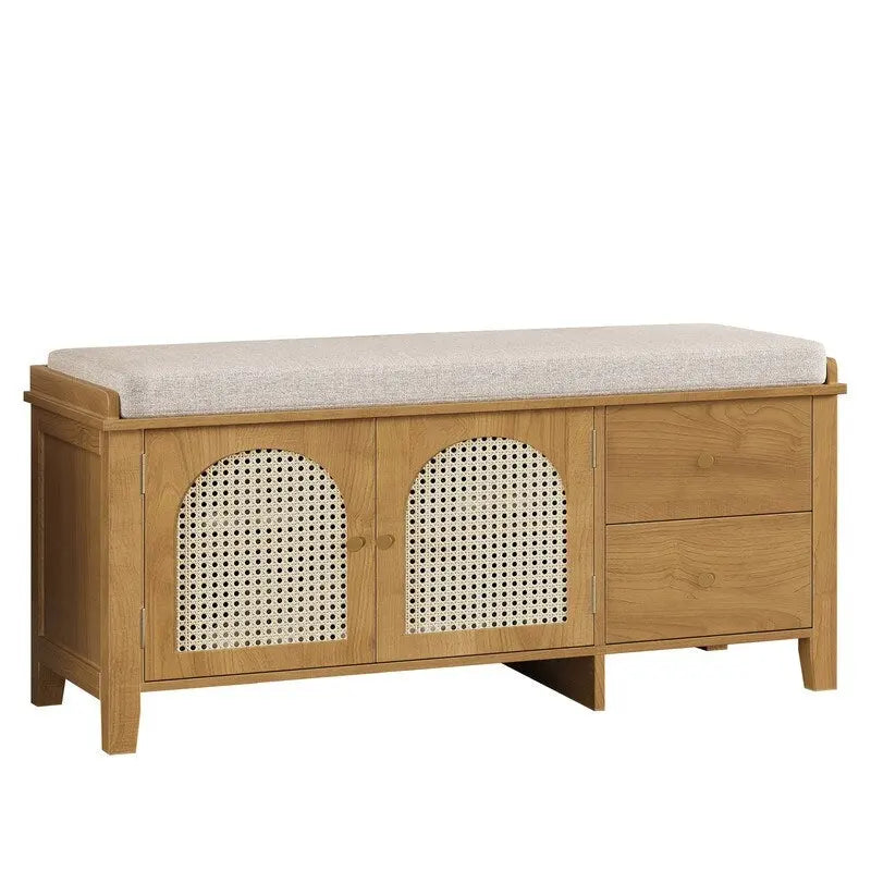 Banc de rangement à chaussures rétro avec tiroirs et coussin pour l'entrée ou le salon