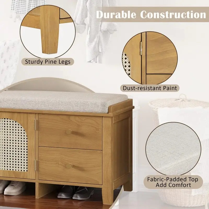 Banc de rangement à chaussures rétro avec tiroirs et coussin pour l'entrée ou le salon