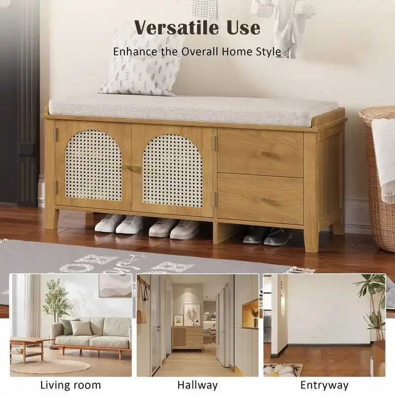 Banc de rangement à chaussures rétro avec tiroirs et coussin pour l'entrée ou le salon