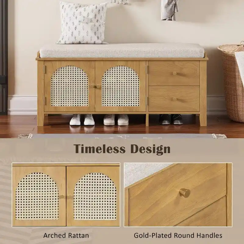 Banc de rangement à chaussures rétro avec tiroirs et coussin pour l'entrée ou le salon