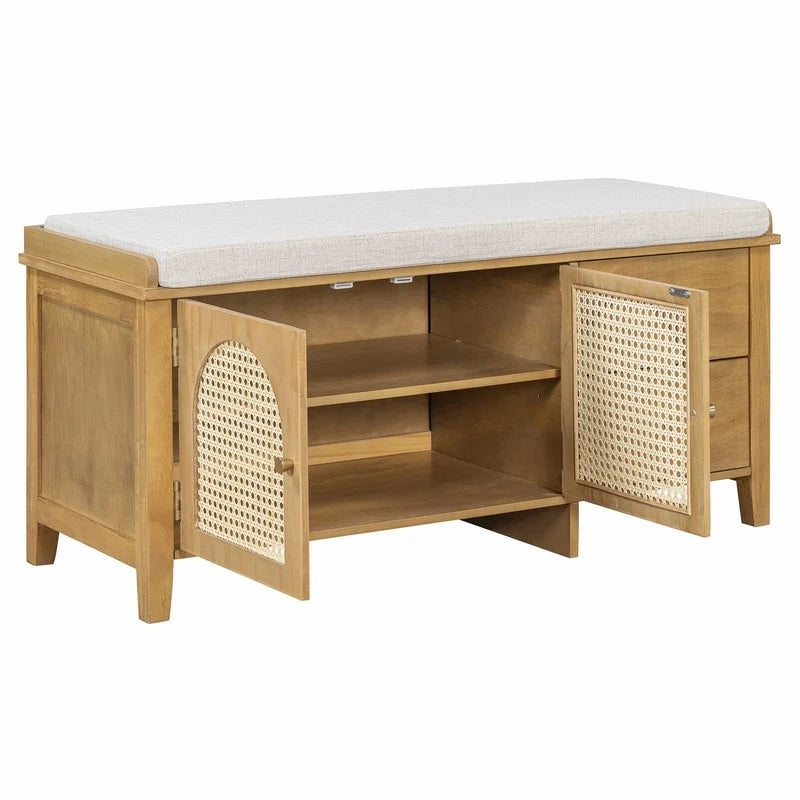 Banc de rangement à chaussures rétro avec tiroirs et coussin pour l'entrée ou le salon