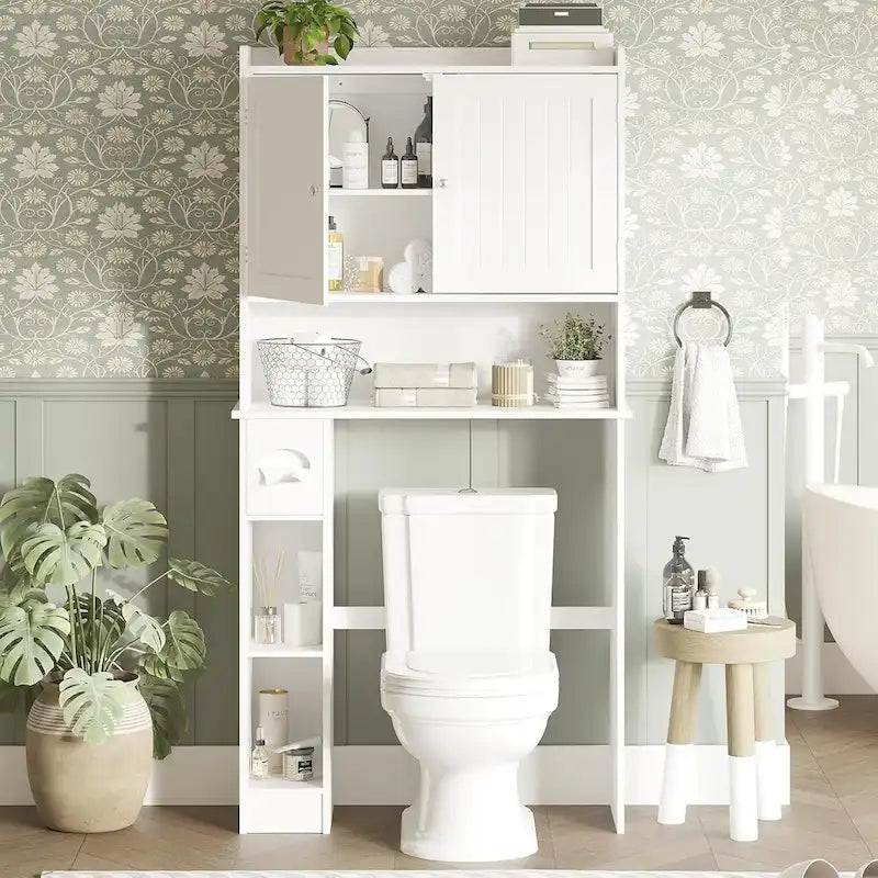 Meuble de Rangement au-dessus des Toilettes avec Porte Coulissante, Meuble de Rangement Blanc au-dessus des Toilettes
