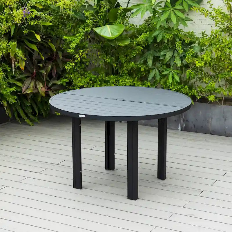 Table à manger ronde avec plateau en aluminium thermolaqué au design à lattes et trou pour parasol pour les réunions de famille et les fêtes
