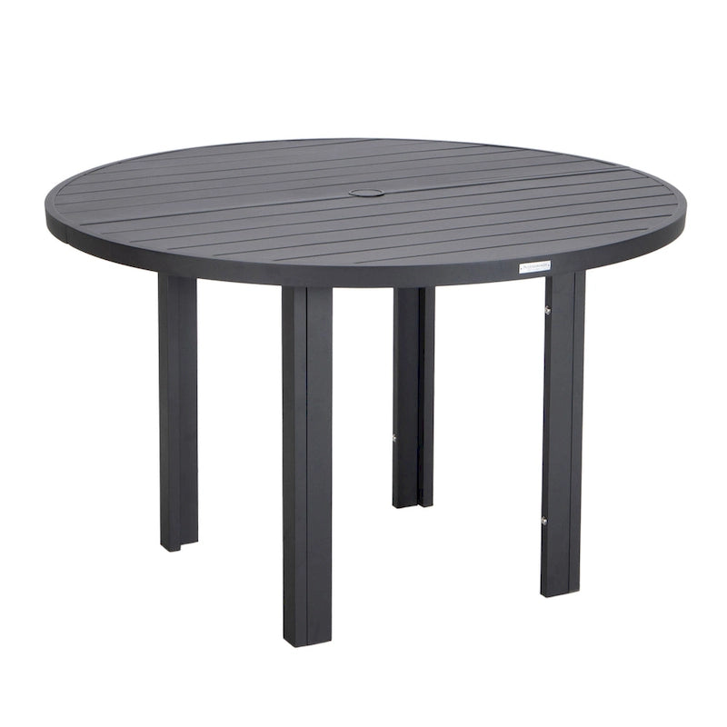 Table à manger ronde avec plateau en aluminium thermolaqué au design à lattes et trou pour parasol pour les réunions de famille et les fêtes
