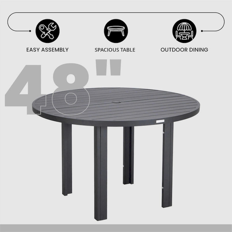Table à manger ronde avec plateau en aluminium thermolaqué au design à lattes et trou pour parasol pour les réunions de famille et les fêtes