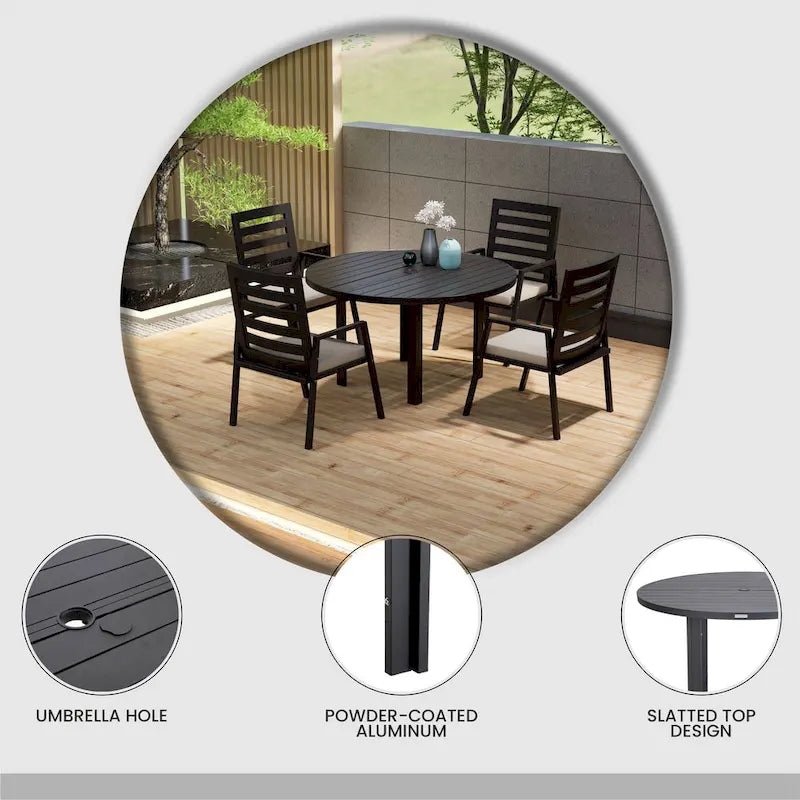 Table à manger ronde avec plateau en aluminium thermolaqué au design à lattes et trou pour parasol pour les réunions de famille et les fêtes