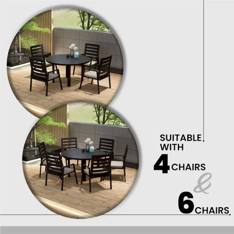 Table à manger ronde avec plateau en aluminium thermolaqué au design à lattes et trou pour parasol pour les réunions de famille et les fêtes