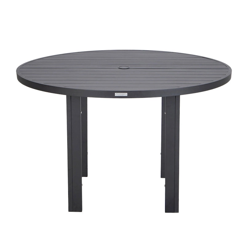 Table à manger ronde avec plateau en aluminium thermolaqué au design à lattes et trou pour parasol pour les réunions de famille et les fêtes