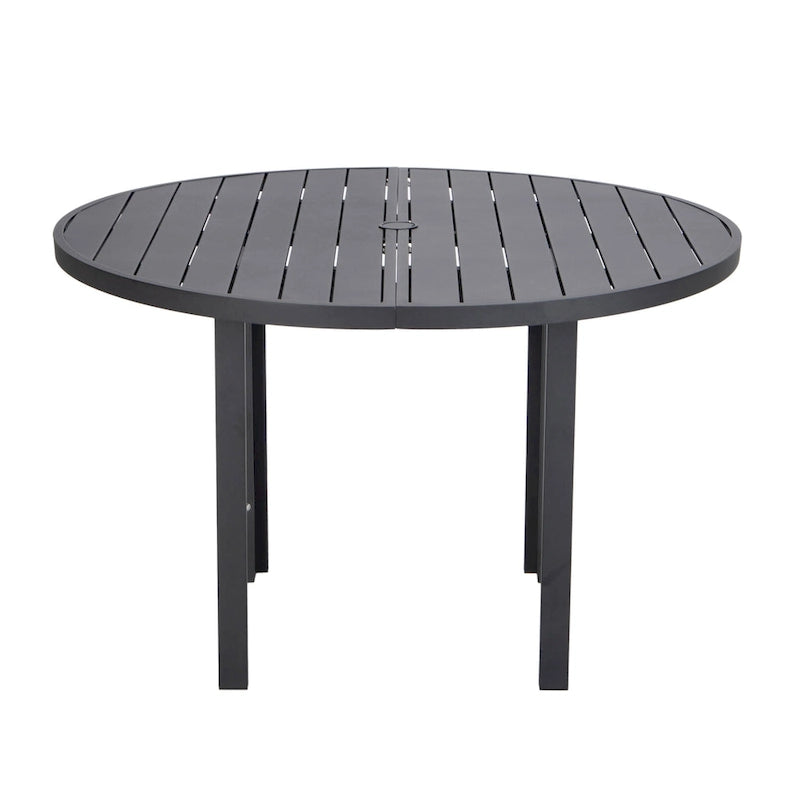 Table à manger ronde avec plateau en aluminium thermolaqué au design à lattes et trou pour parasol pour les réunions de famille et les fêtes