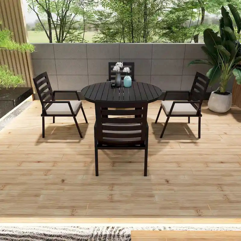 Table à manger ronde avec plateau en aluminium thermolaqué au design à lattes et trou pour parasol pour les réunions de famille et les fêtes