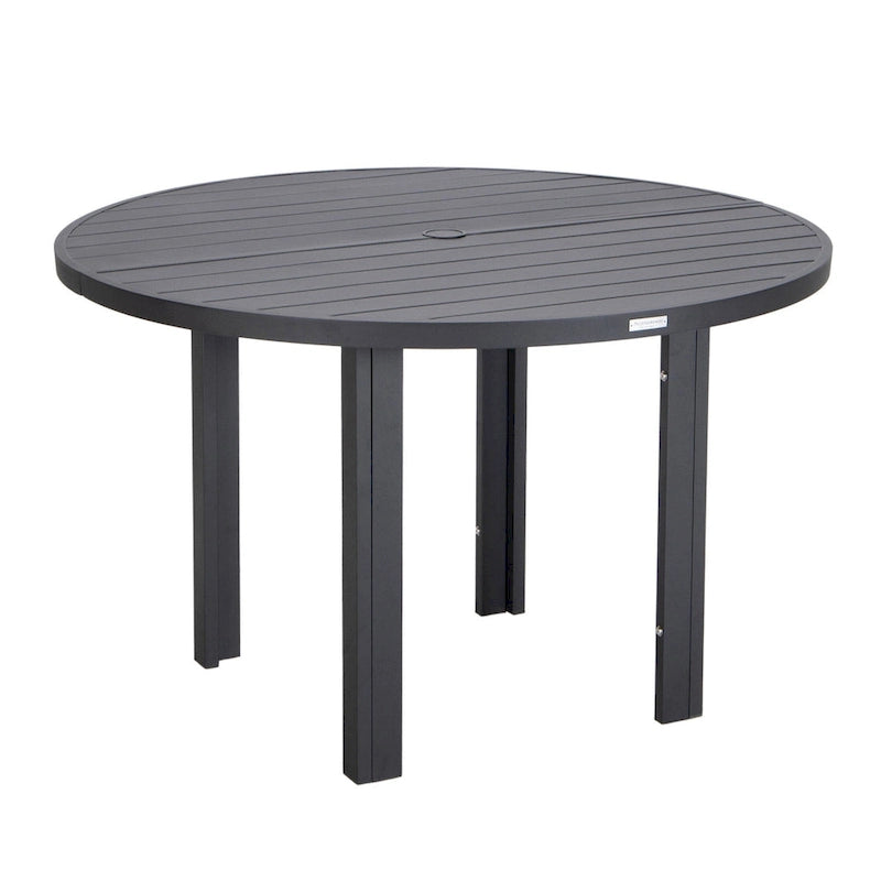 Table à manger ronde avec plateau en aluminium thermolaqué au design à lattes et trou pour parasol pour les réunions de famille et les fêtes