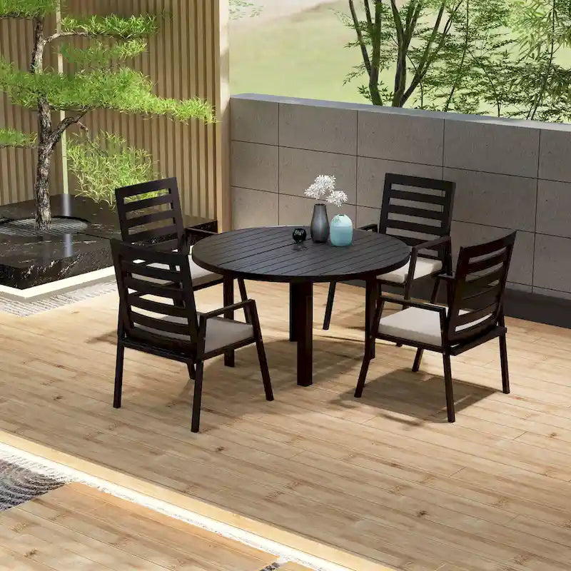 Table à manger ronde avec plateau en aluminium thermolaqué au design à lattes et trou pour parasol pour les réunions de famille et les fêtes