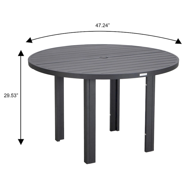 Table à manger ronde avec plateau en aluminium thermolaqué au design à lattes et trou pour parasol pour les réunions de famille et les fêtes