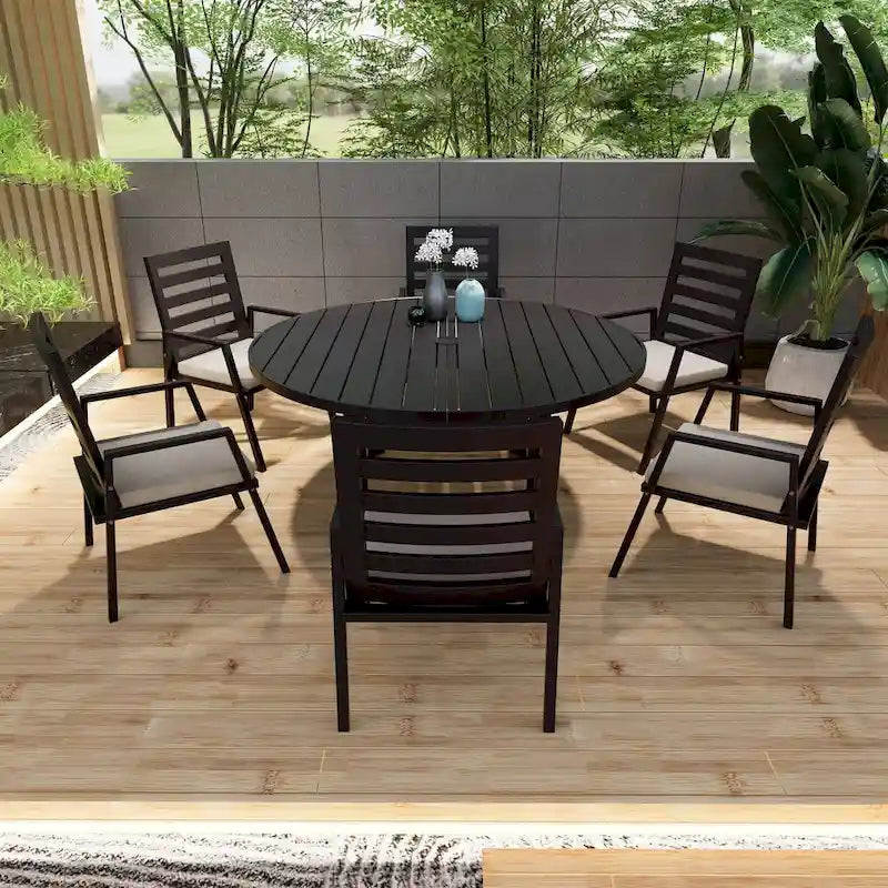 Table à manger ronde avec plateau en aluminium thermolaqué au design à lattes et trou pour parasol pour les réunions de famille et les fêtes