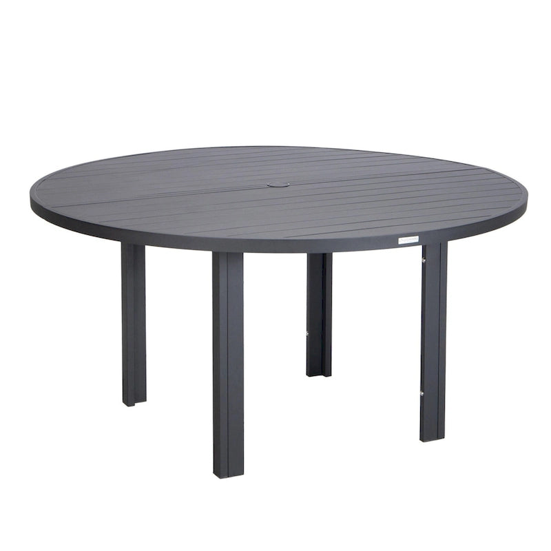 Table à manger ronde avec plateau en aluminium thermolaqué au design à lattes et trou pour parasol pour les réunions de famille et les fêtes