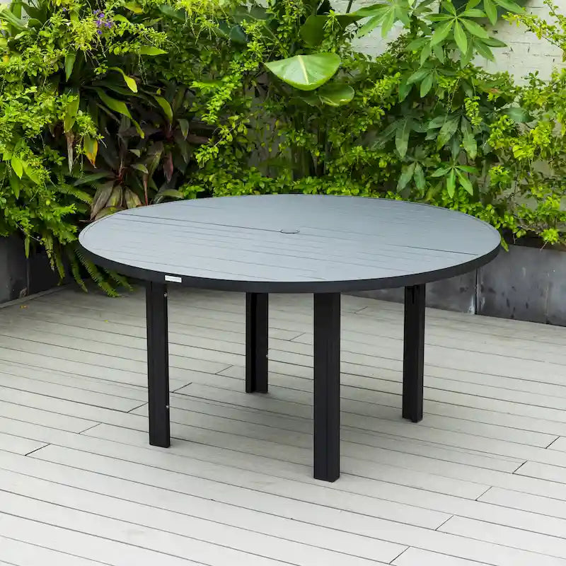 Table à manger ronde avec plateau en aluminium thermolaqué au design à lattes et trou pour parasol pour les réunions de famille et les fêtes