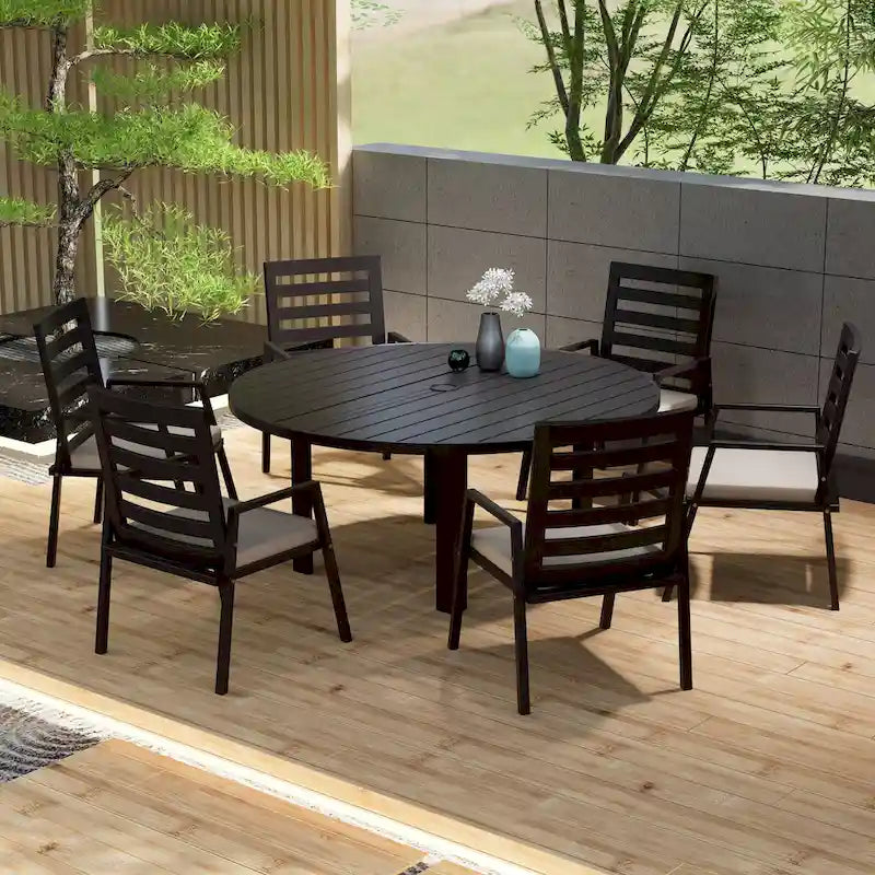 Table à manger ronde avec plateau en aluminium thermolaqué au design à lattes et trou pour parasol pour les réunions de famille et les fêtes