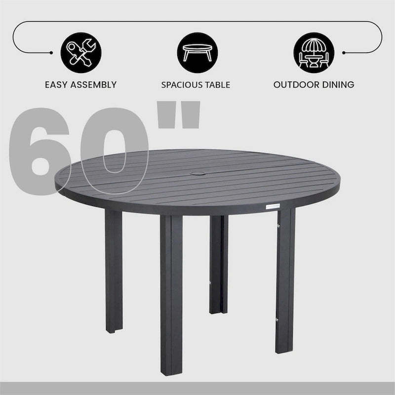 Table à manger ronde avec plateau en aluminium thermolaqué au design à lattes et trou pour parasol pour les réunions de famille et les fêtes