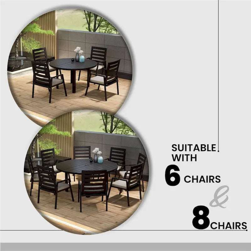 Table à manger ronde avec plateau en aluminium thermolaqué au design à lattes et trou pour parasol pour les réunions de famille et les fêtes