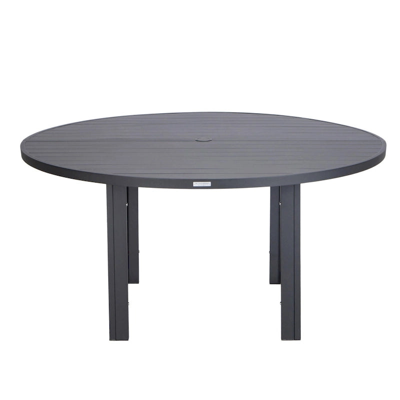 Table à manger ronde avec plateau en aluminium thermolaqué au design à lattes et trou pour parasol pour les réunions de famille et les fêtes
