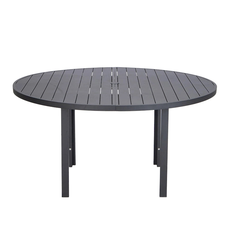 Table à manger ronde avec plateau en aluminium thermolaqué au design à lattes et trou pour parasol pour les réunions de famille et les fêtes