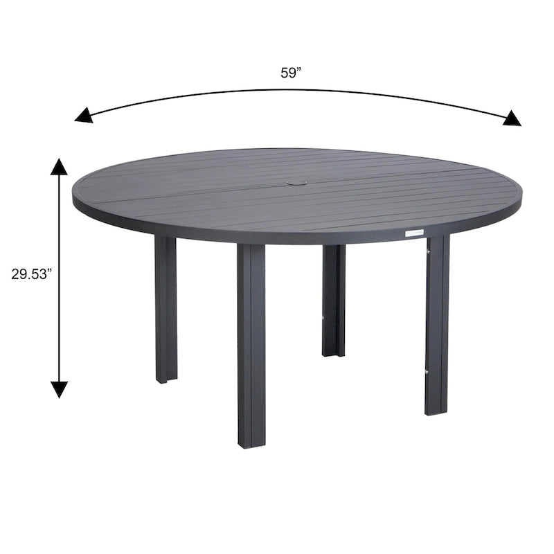 Table à manger ronde avec plateau en aluminium thermolaqué au design à lattes et trou pour parasol pour les réunions de famille et les fêtes