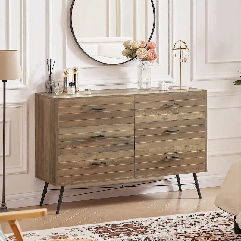 Meuble TV commode de style rustique 47,24 po avec 6 tiroirs de rangement profonds pour salon