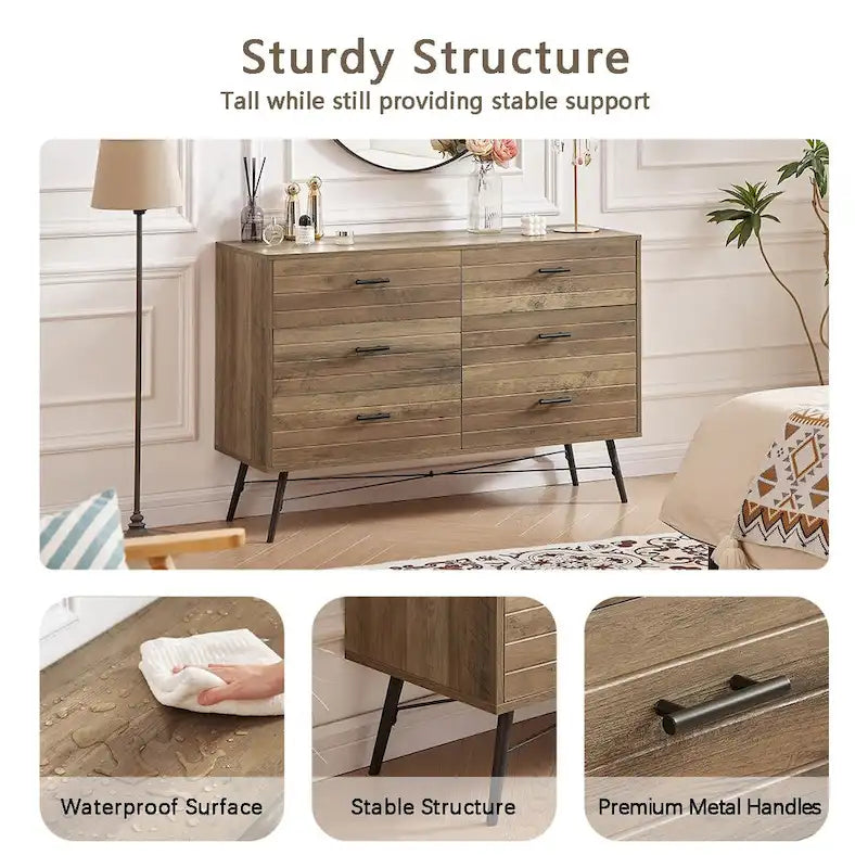 Meuble TV commode de style rustique 47,24 po avec 6 tiroirs de rangement profonds pour salon