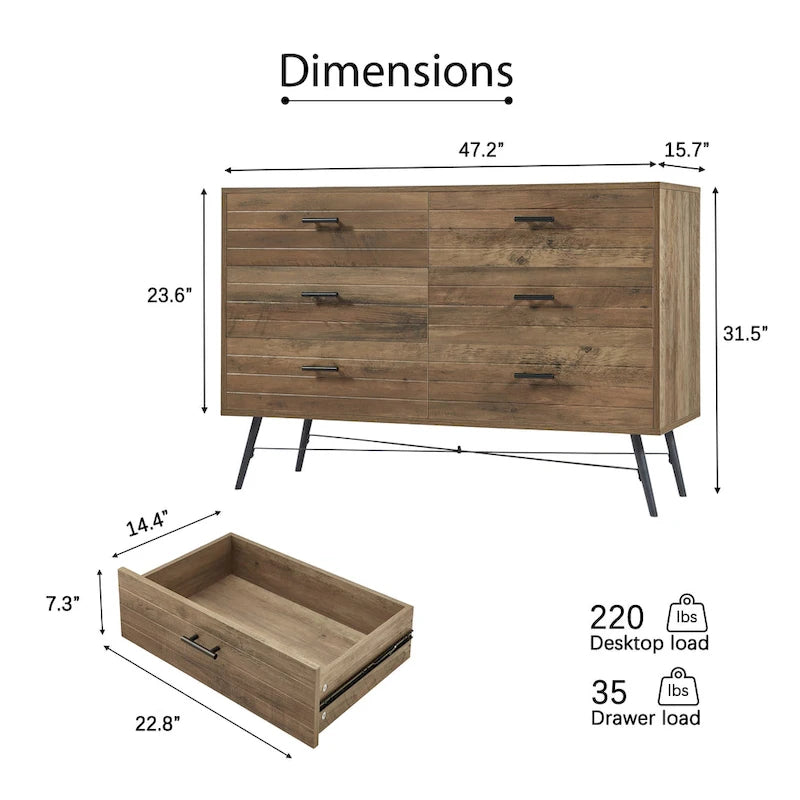 Meuble TV commode de style rustique 47,24 po avec 6 tiroirs de rangement profonds pour salon
